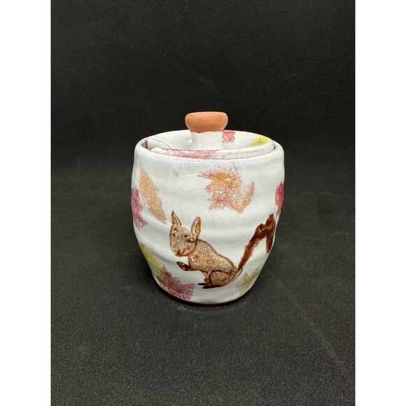 Studio Art Pottery Lidded Sugar Jar Handmade Bowl Pot Squirrel Painted Crayon - Picture 2 of 10